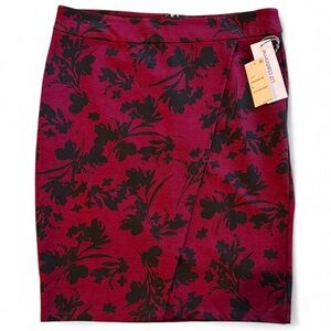 Liz Claiborne Red and Black Floral Pencil Skirt Size Faux Wrap Stretch 6 NWT
